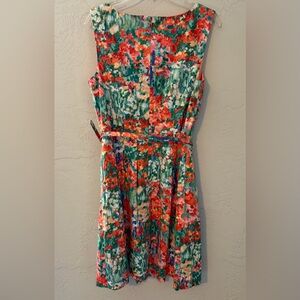 Talbots Colorful Floral Fit & Flare Sleeveless Midi Dress, belt/pocket, Size 14P